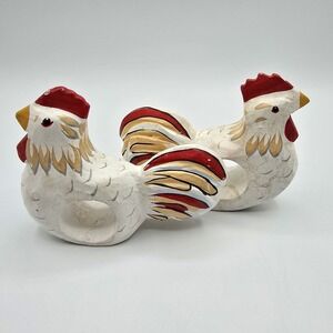 2 Wooden Napkin Rings Farmhouse Country Chicken Hen Roosters Hand Painted